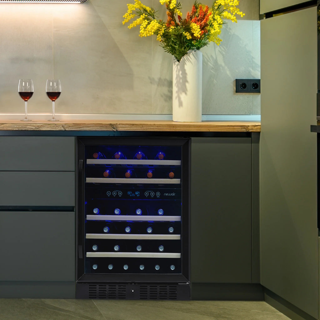Newair 24-inch 46 Bottle Wine Cooler Refrigerator, Built-in Dual Zone Wine Fridge in Black Stainless Steel for Home, Office or Bar