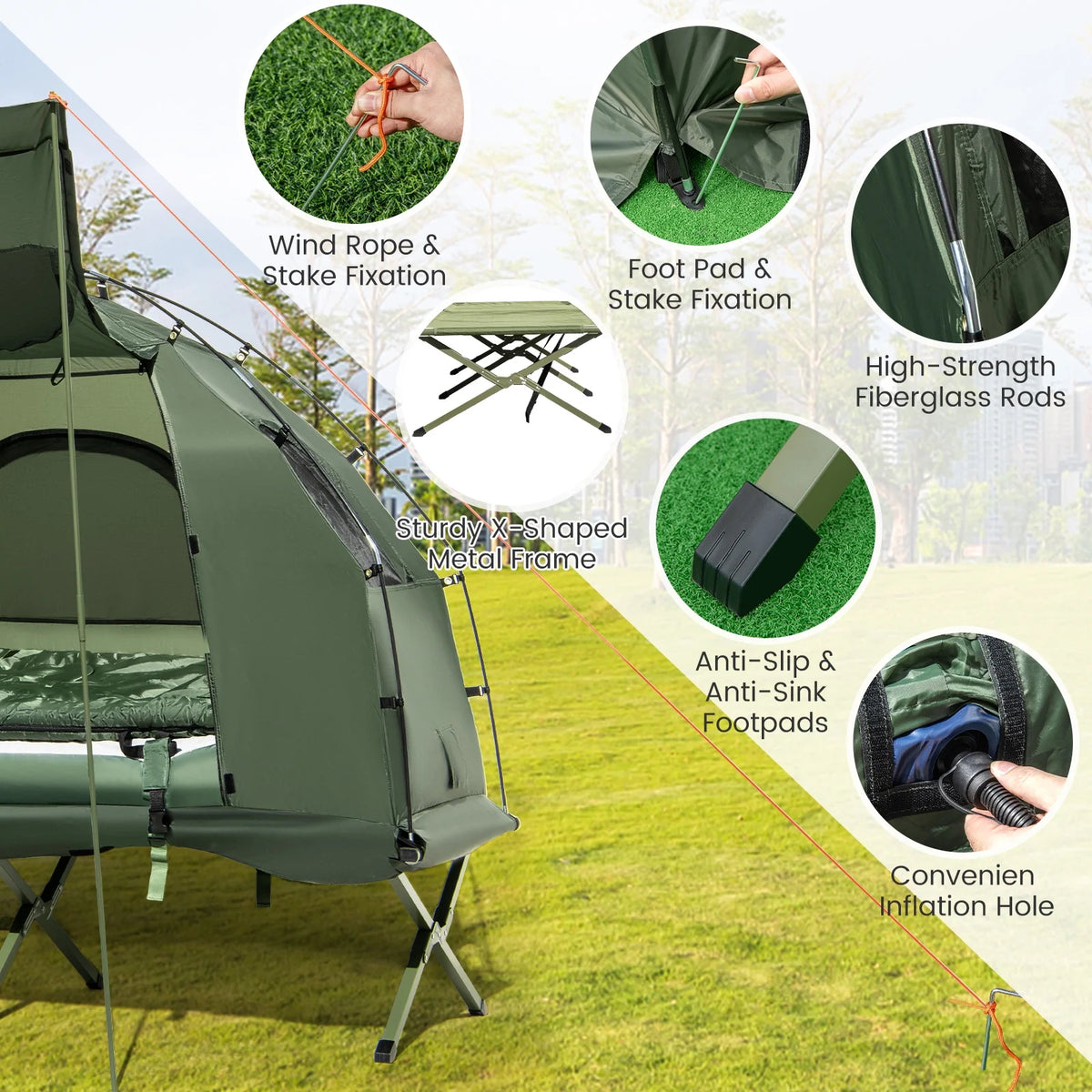 Goplus 1-Person Waterproof Camping Tent Cot with Air Mattress, Pillow, Sleeping Bag