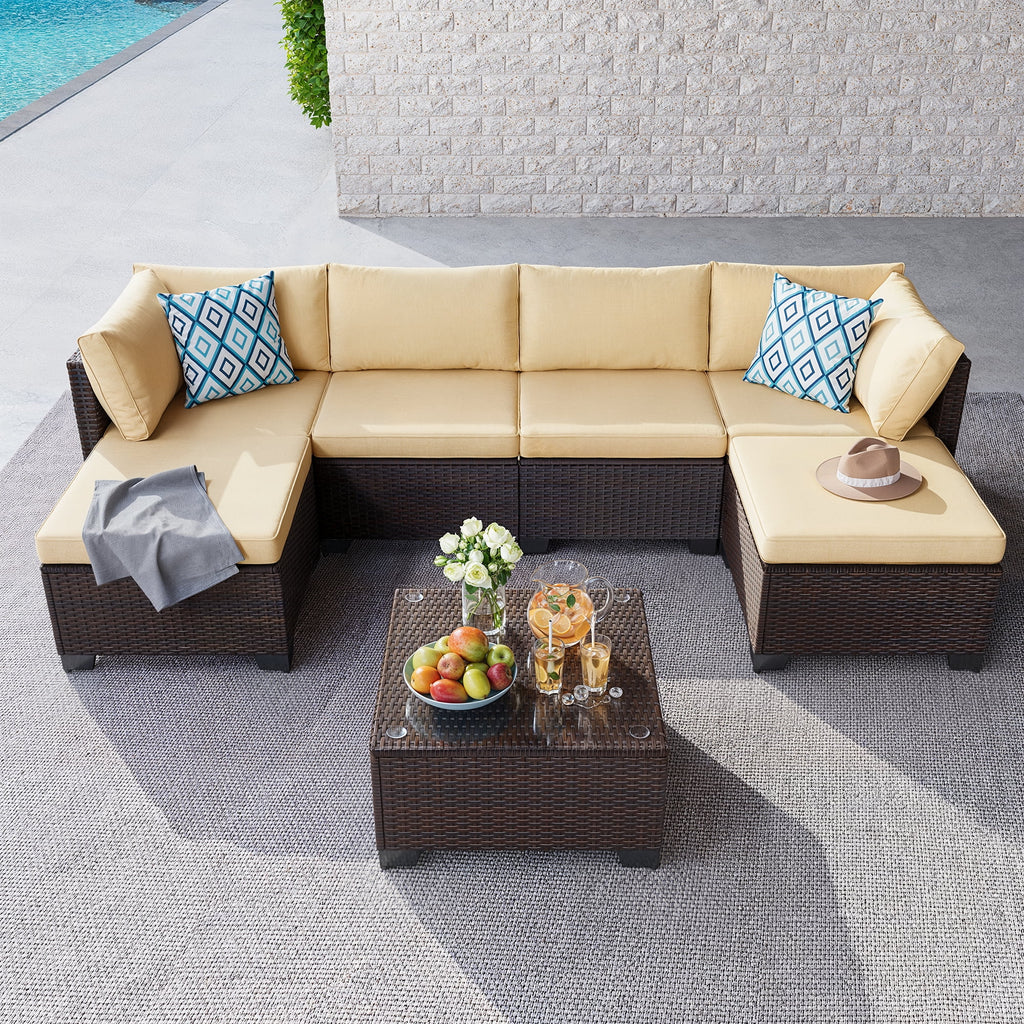 7 Piece Outdoor Patio Furniture Set, Asofer Rattan Wicker Outdoor Conversation Sectional Sofa Set, Gray