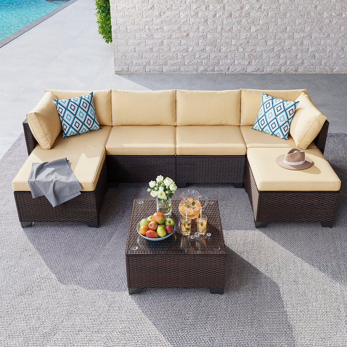 7 Piece Outdoor Patio Furniture Set, Asofer Rattan Wicker Outdoor Conversation Sectional Sofa Set, Gray