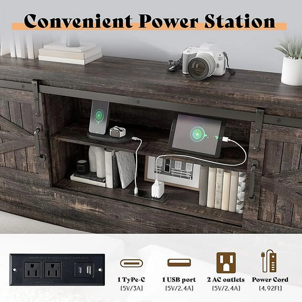 Merluxy Farmhouse Full Bed Frame with Storage Bookcase & Charging Station, Bedroom Furniture, Grey