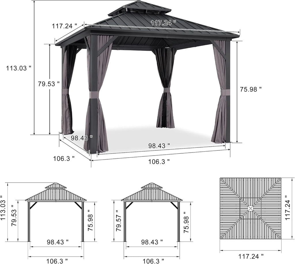 PURPLE LEAF 8' X 8' Gazebo Outdoor Gazebo Permanent Hardtop Gazebo with Galvanized Steel Double Roof for Patio Backyard Deck Aluminum Gazebo with Netting and Curtains Grey