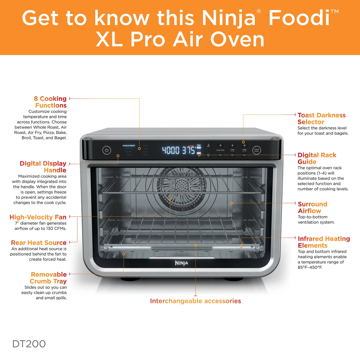 Ninja® Foodi™ 8-in-1 XL Pro Air Fry Oven, Large Countertop Convection Oven, DT200