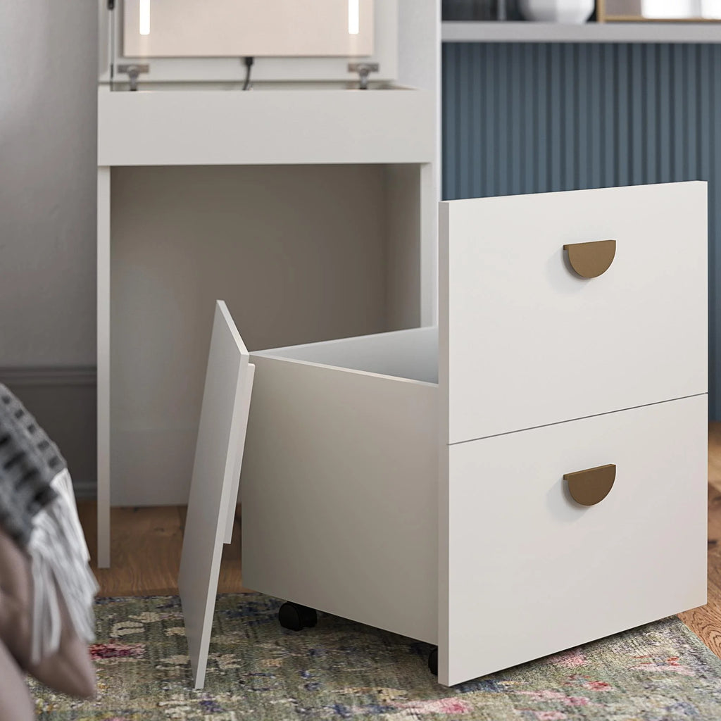 Ameriwood Home Compact 3-in-1 Vanity Set, Makeup Storage Desk & Stool, Mirror w/ LED lights & USB Charging Station, White
