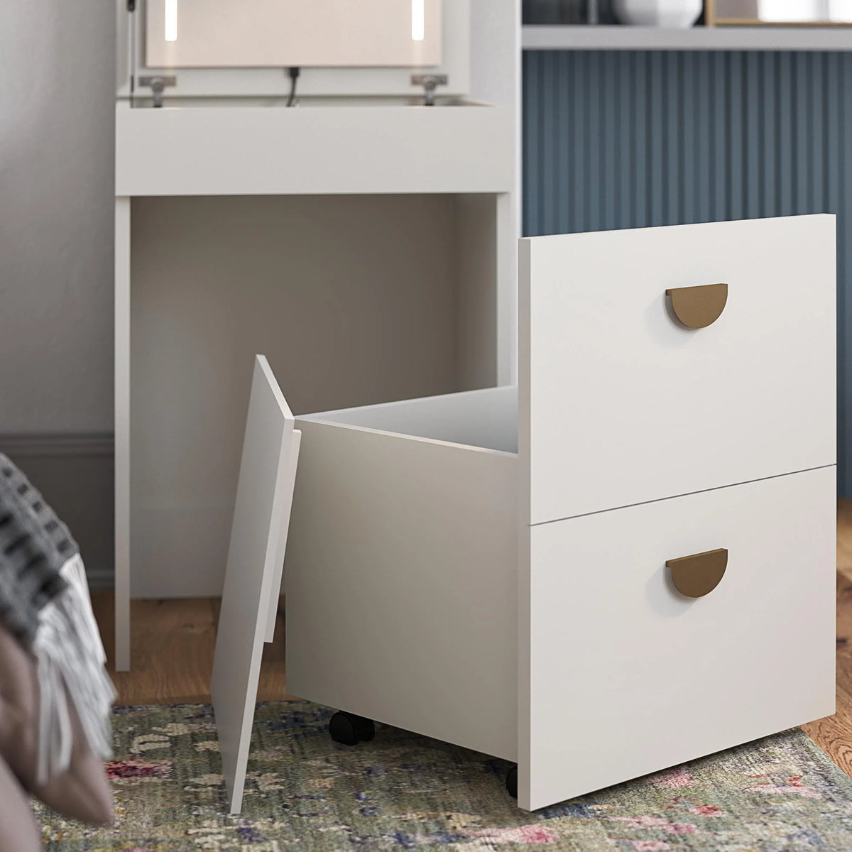 Ameriwood Home Compact 3-in-1 Vanity Set, Makeup Storage Desk & Stool, Mirror w/ LED lights & USB Charging Station, White