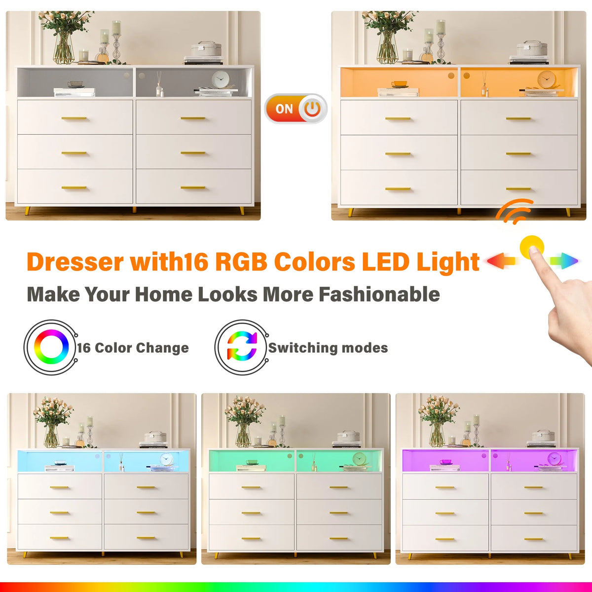 EnHomee Dresser with LED Lights Drawer Dresser with 6 Deep Drawers Wood Dresser for Bedroom TV Stand Dressers & Chests of Drawers Wide Led Dressers,Black