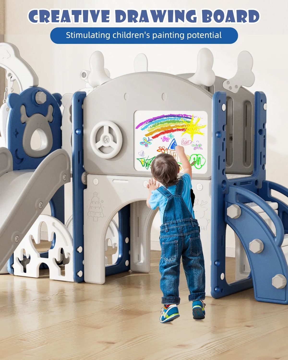 KORIMEFA 13-in-1 Toddler Slide, Kids Swing and Slide for Toddlers Age 1-4, Outdoor Indoor Playground Playset for Toddlers with Basketball Hoop and Ball Playset Telescope, Blue