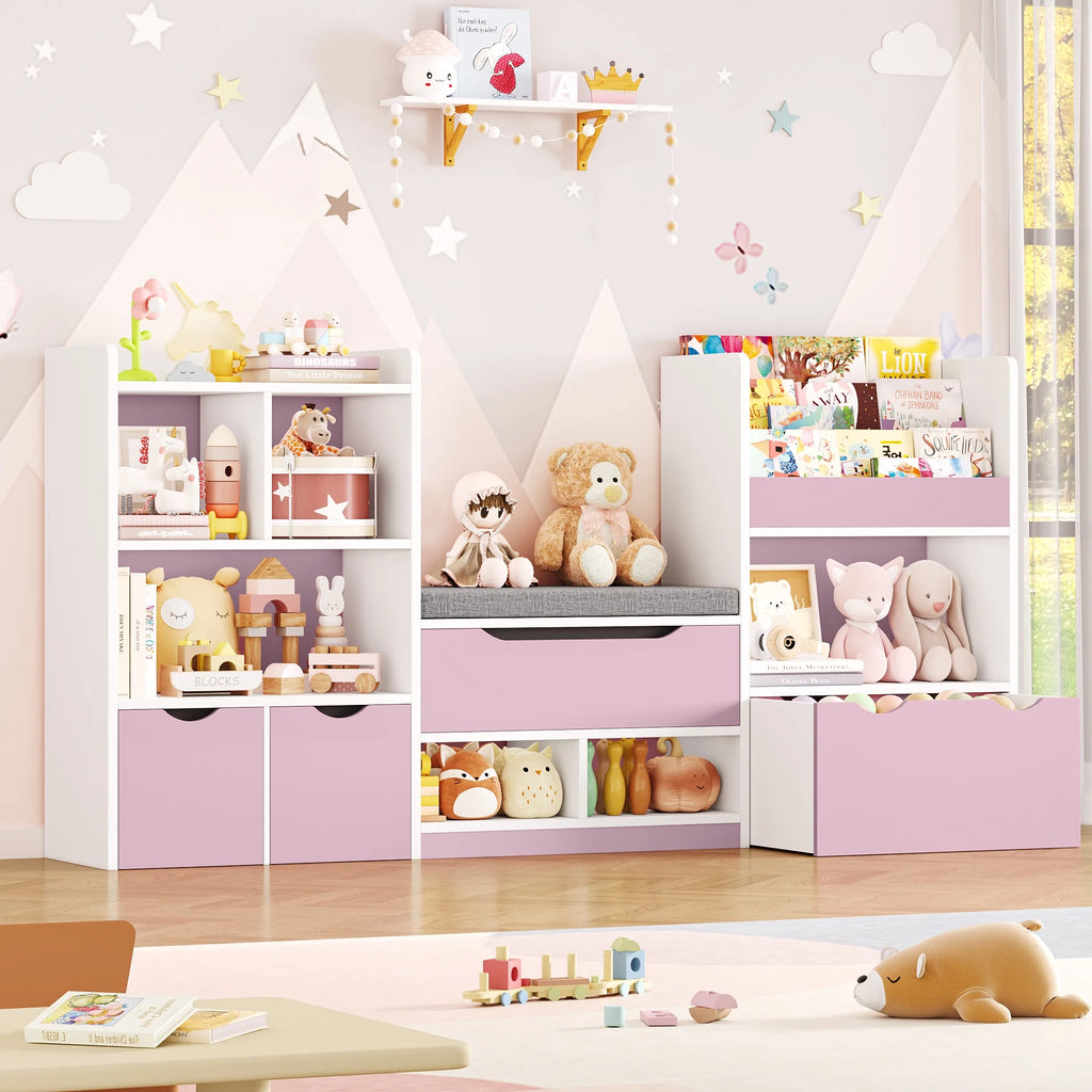 Hiphuta 72"Wide Kids Bookcase with Reading Nook and Under Bench Storage, Wooden Toy Storage Organizer & Book Rack for Kids Room, White