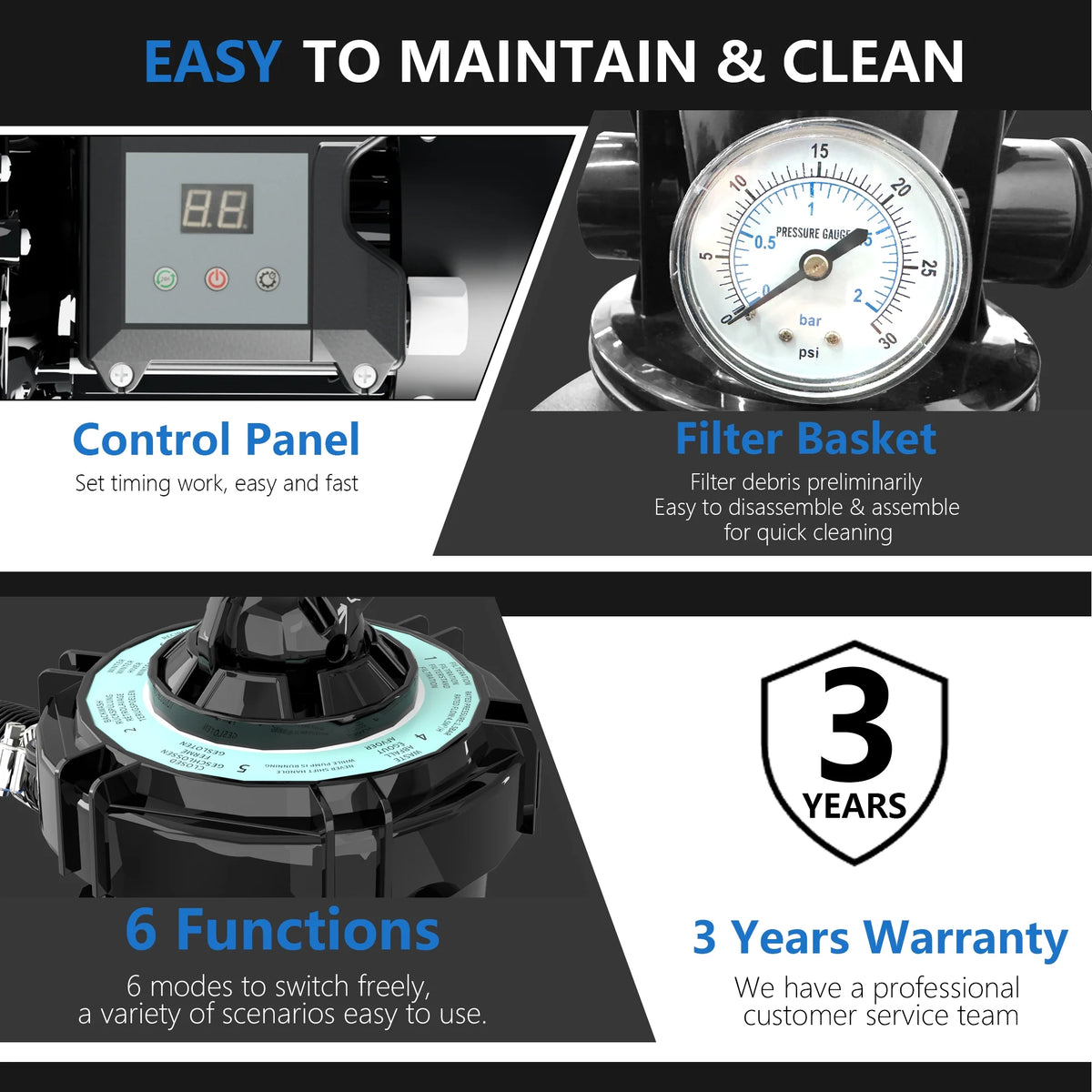FOTING Sand Filter Pump for Above Ground Pool with Timer, 13in, Max 3800GPH for Pools Up to 13000GAL, 1HP, 6-Way Valve, Enhanced Circulation for Crystal-Clear Pool