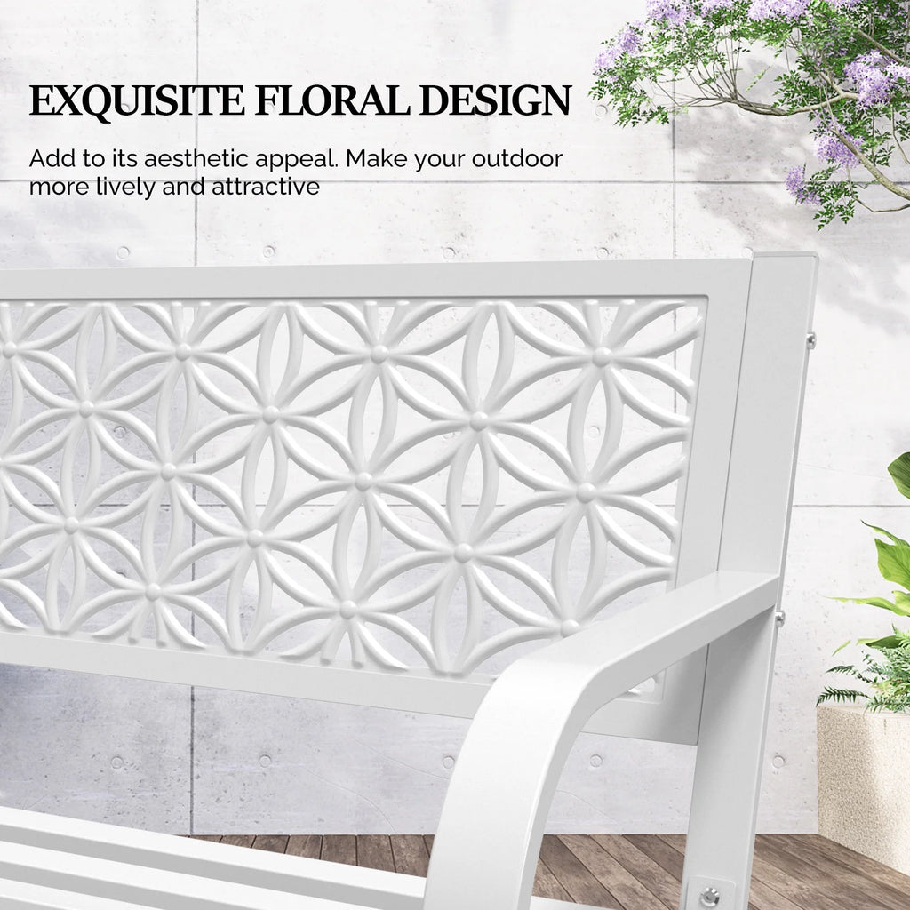 Ktaxon Outdoor Bench, Mental Bench with Floral Back, 2-Person Garden Bench for Outside Yard Patio Entryway Park Porch, 800LBS, White