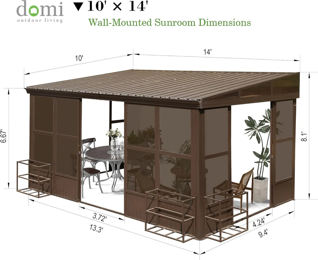 Domi Outdoor Living 10' x 12' Hardtop Lean-to Gazebo, Wall-Mounted with Galvanized Steel Roof Wall Pergola with Aluminum Frame, Curtains and Netting, for Patio, Deck, Garden, Backyard