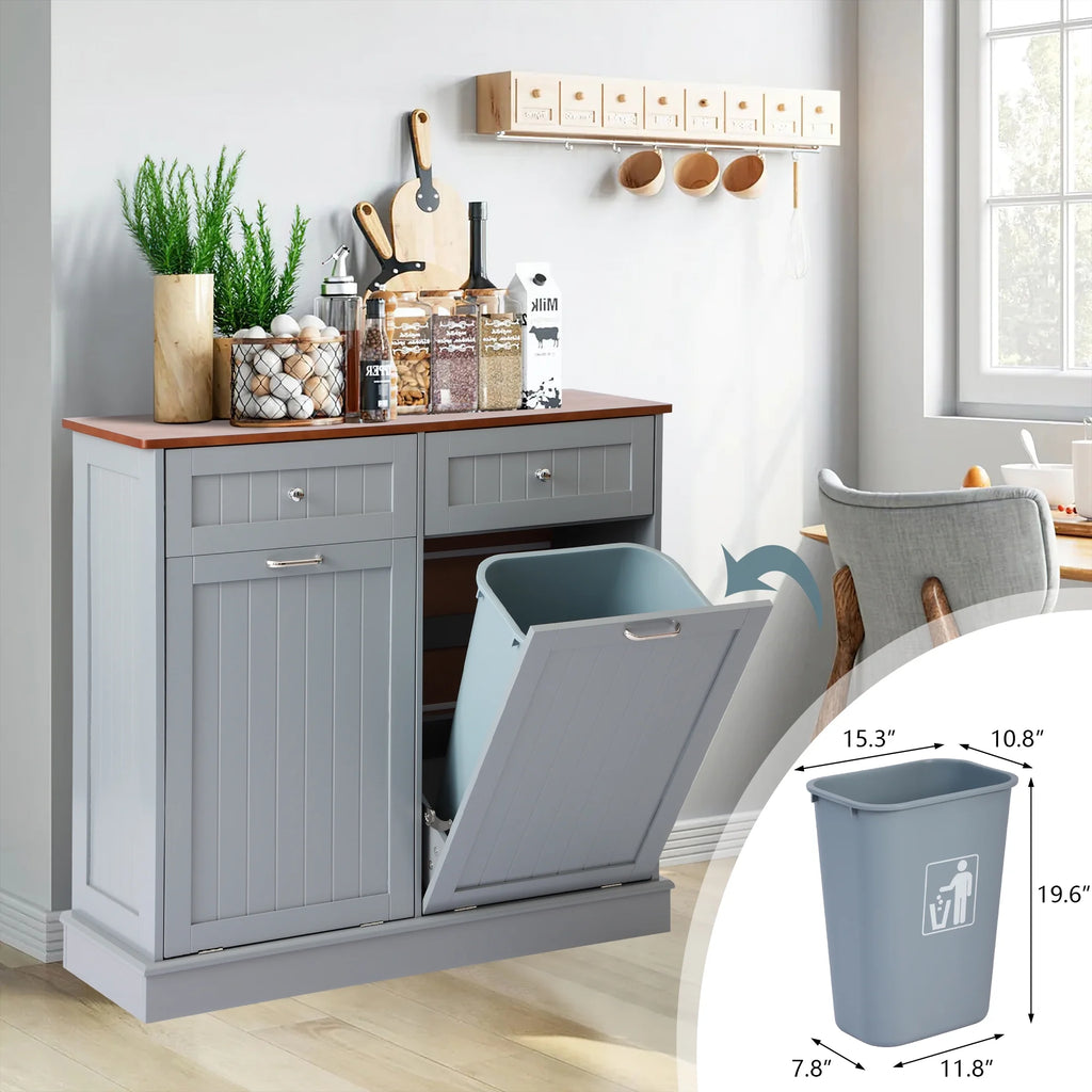 KIGOTY Dual Kitchen Trash Cabinet, Double Tilt Out Trash Can Cabinet with Countertop and Drawer, Free-Standing Pet Proof Recycling Cabinet Garbage Can Holder, Wood (White)