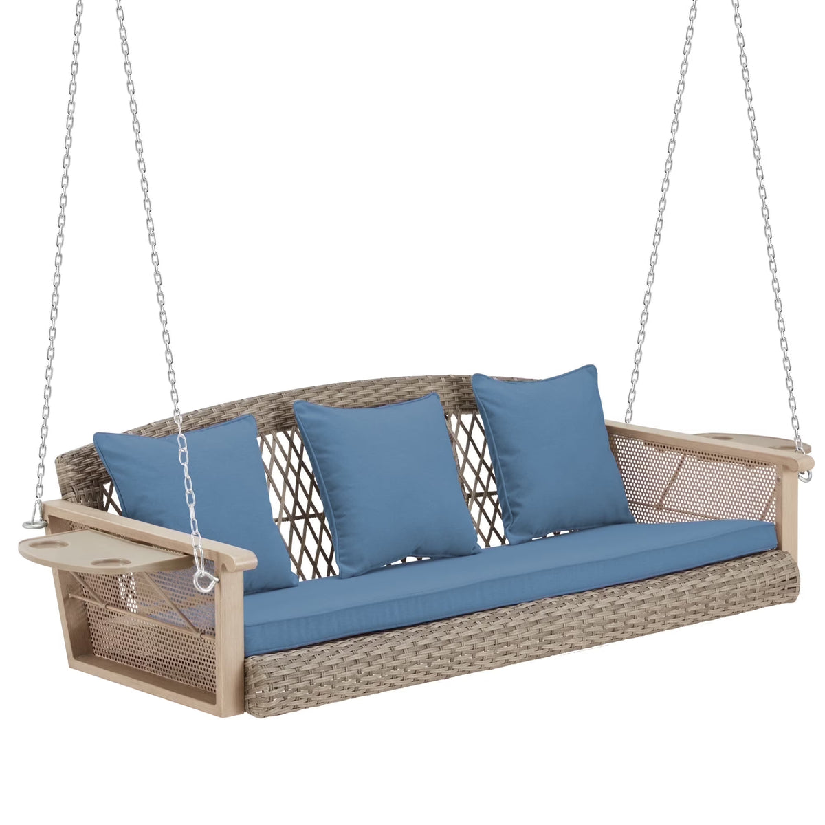 Homrest 3-Person Porch Swing 55in Wicker Hanging Swing Bench with Cushions and Cupholders for Deck, Garden and Backyard, Beige