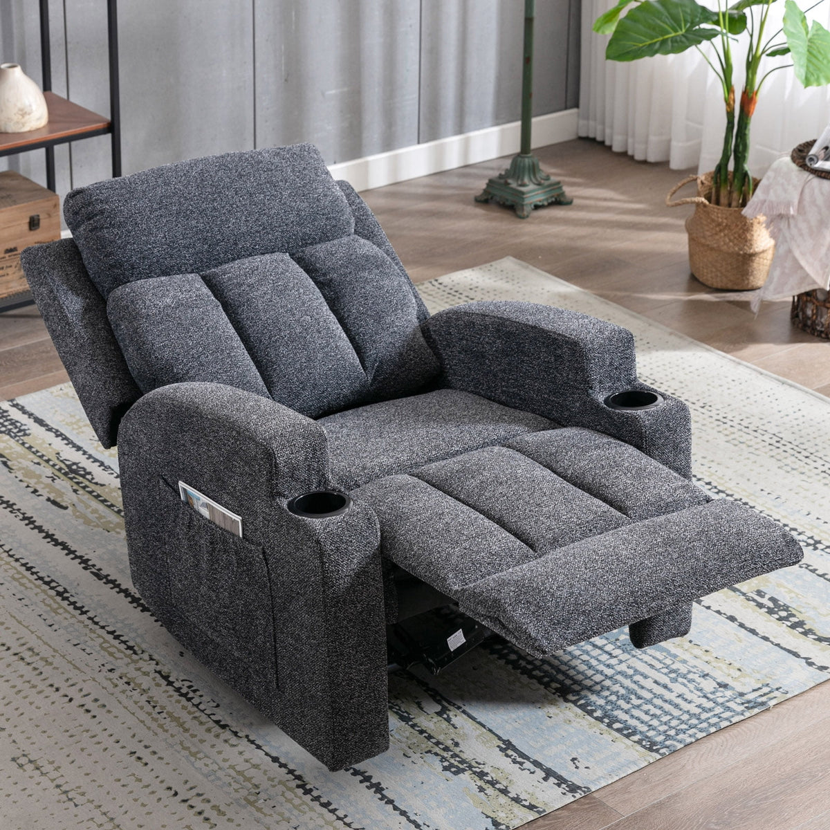 Bonzy Home Heated Manual Massage Recliner with Cup Holder Padded Breathable Fabric Recliner, Home Theater Seating Navy