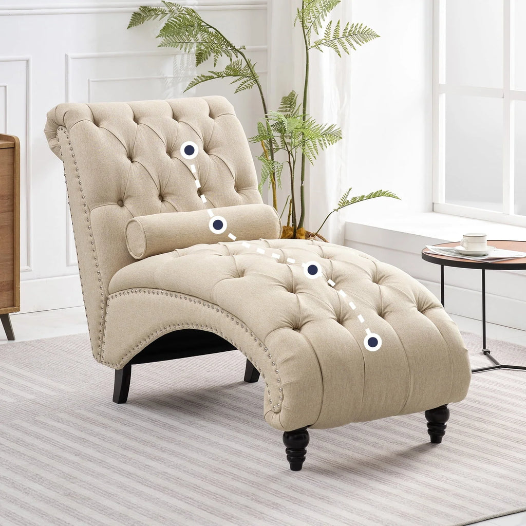 ZAFLY Chaise Lounge Indoor, Lounge Chair with Wood Legs, Leisure Accent Chair, Upholstered Lounge Couch for Bedrooom/Living Room, Beige
