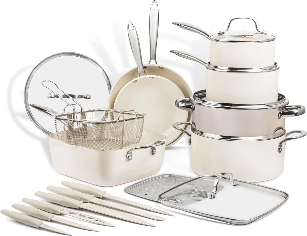 Gotham Steel 20 Pc Ceramic Pots and Pans Set Non Stick, Kitchen Cookware Sets with Knife Set, Pot and Pan Set, Ceramic Cookware Set, Non Stick Pots and Pan Set, Oven and Dishwasher Safe