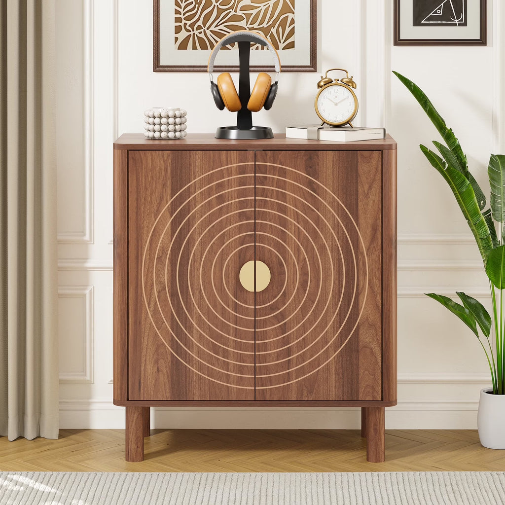 Accent Cabinet with Round Carved Line Door for Entryway Hallway, Walnut Sideboard Buffet Cabinet, Storage Cabinet with Adjustable Shelves for Living Room
