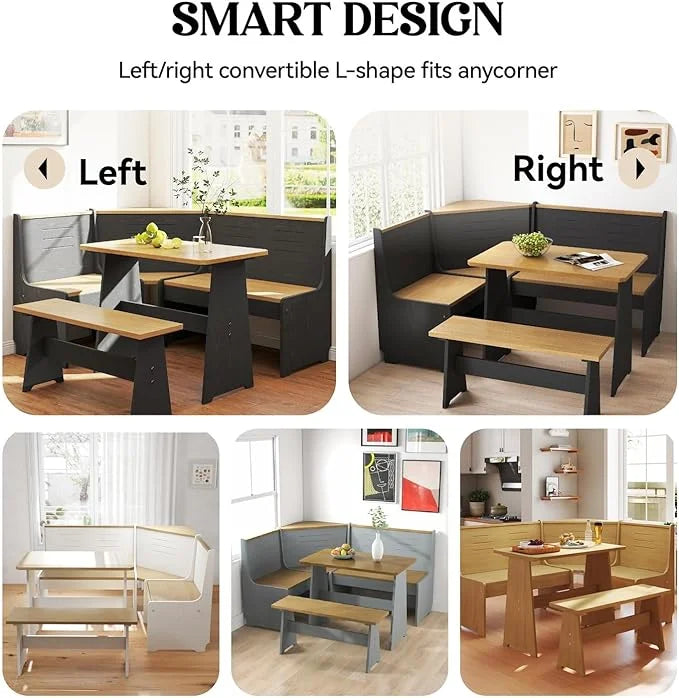 Breakfast Nook Kitchen Corner Dining Table Bench Chair Set, Space-Saving 3-4 Seat L-Shape Farmhouse Mid Century Modern Style for Family Home Black Wood
