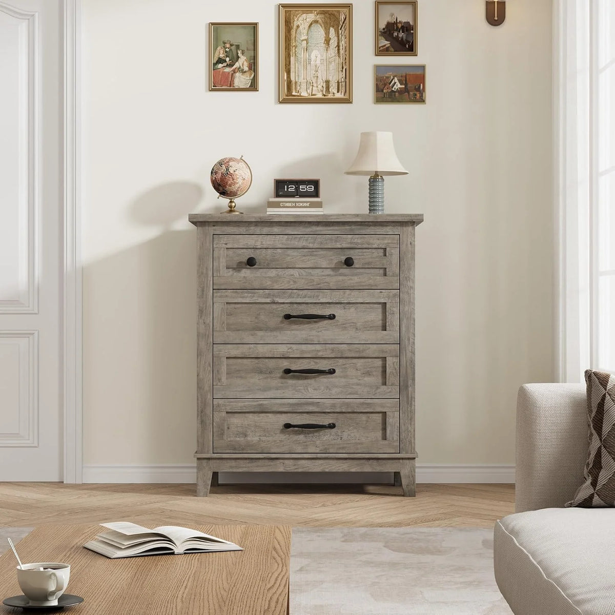 4 Drawer Dresser for Bedroom,34.8" Tall Bedroom Dresser with Large Drawer& Black Handles,Wooden Storage Organizer Cabinet Chest of Drawer for Living Room,Hallway