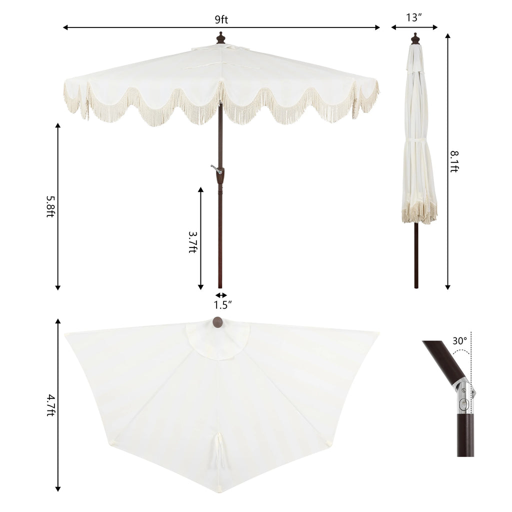JONATHAN Y Beverly 9 ft. Half Market Patio Umbrella, Designer Classic Scalloped Fringe with Crank, Tilt Button and UV Protection, Blue/White/Cream, Dark Brown Pole
