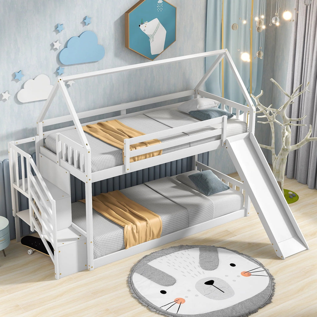 Low Bunk Bed with Slide and Stairs, Wood Twin Over Twin House Bunk Beds for Kids, Floor Bunk Bed with Stairway Easy Assembly (White)