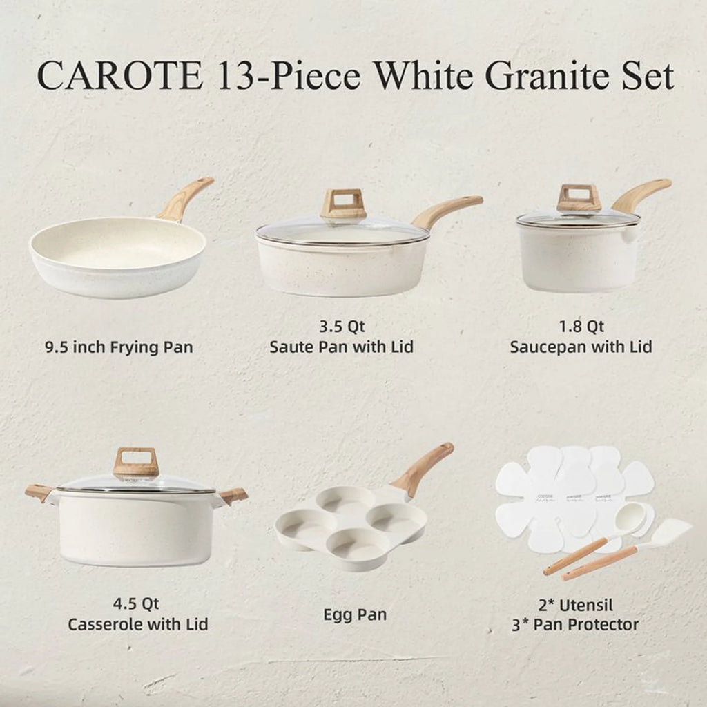 Carote 19 Pcs Nonstick Cookware Sets, Granite Pots and Pans Set Non Stick, White