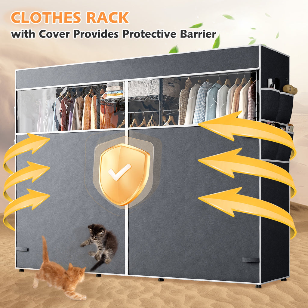 Heavy Duty Clothes Rack with Cover Loads 900LBS, Clothing Racks for Hanging Clothes, Freestanding& Adjustable Closet with Cover, Black, 74.9" Wx17.8 Dx76.9 H