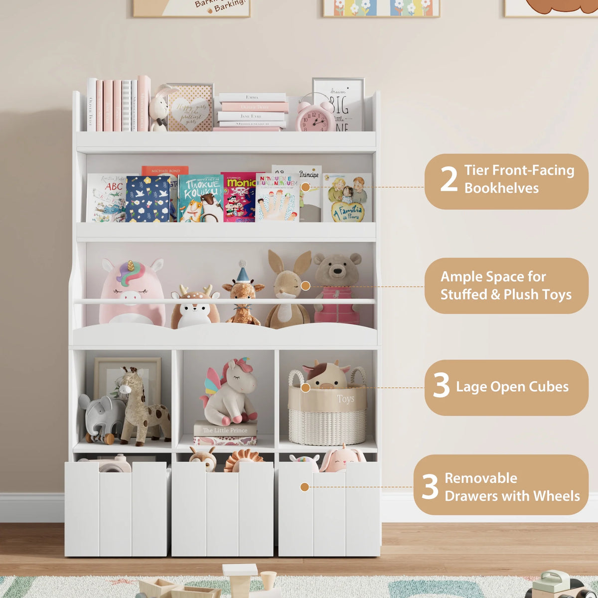 Homfa 55.5 H Kids Bookshelf with 2-Tier Book Shelves, Children Toy Organizer with 3 Cubes and Removable Drawers, White
