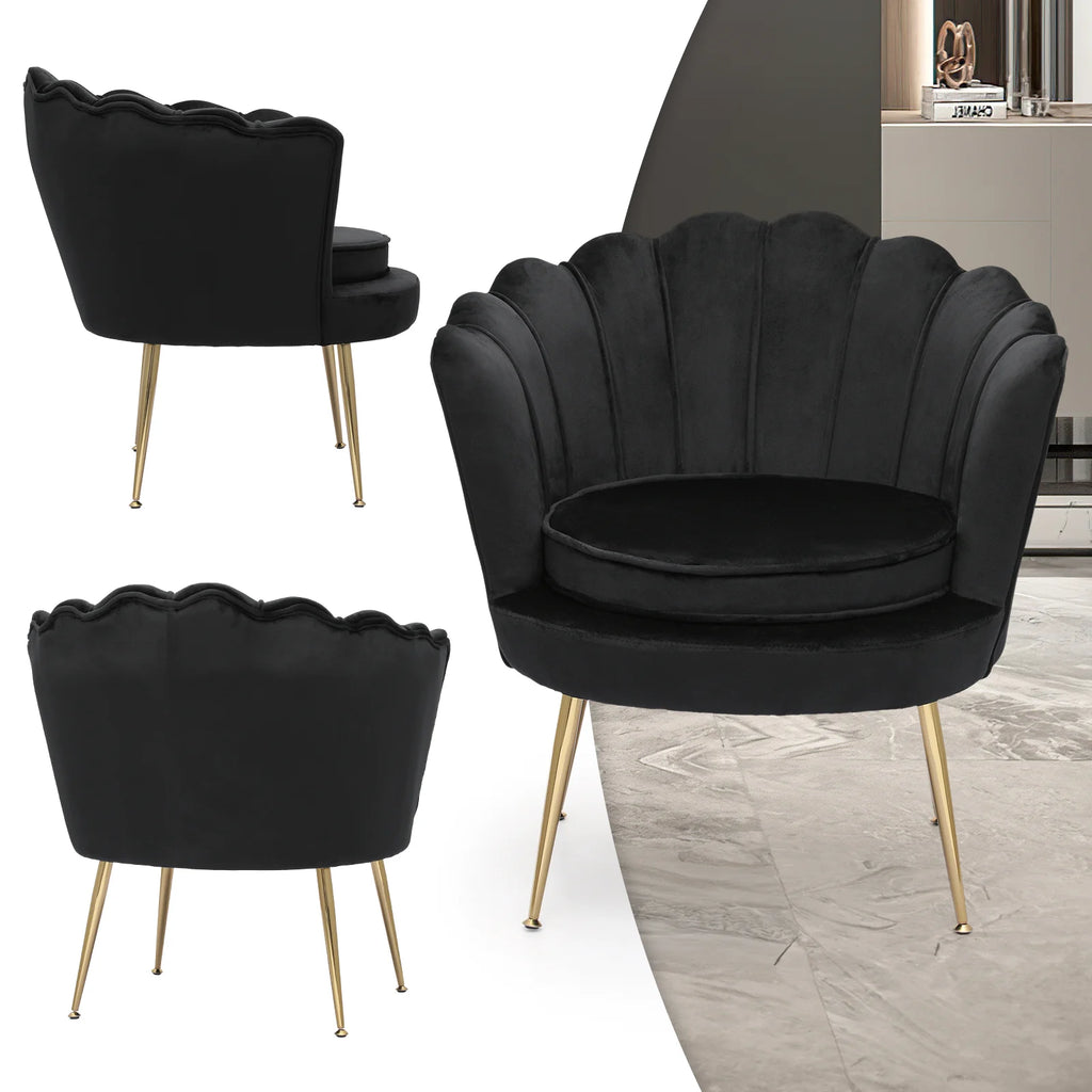 MoNiBloom Set of 2 Velvet Tufted Accent Chair with Pillow and Stool, Upholstered Modern Single Sofa Side Chair with Padded Seat and Golden Metal Legs, Living Room Armchair, Black