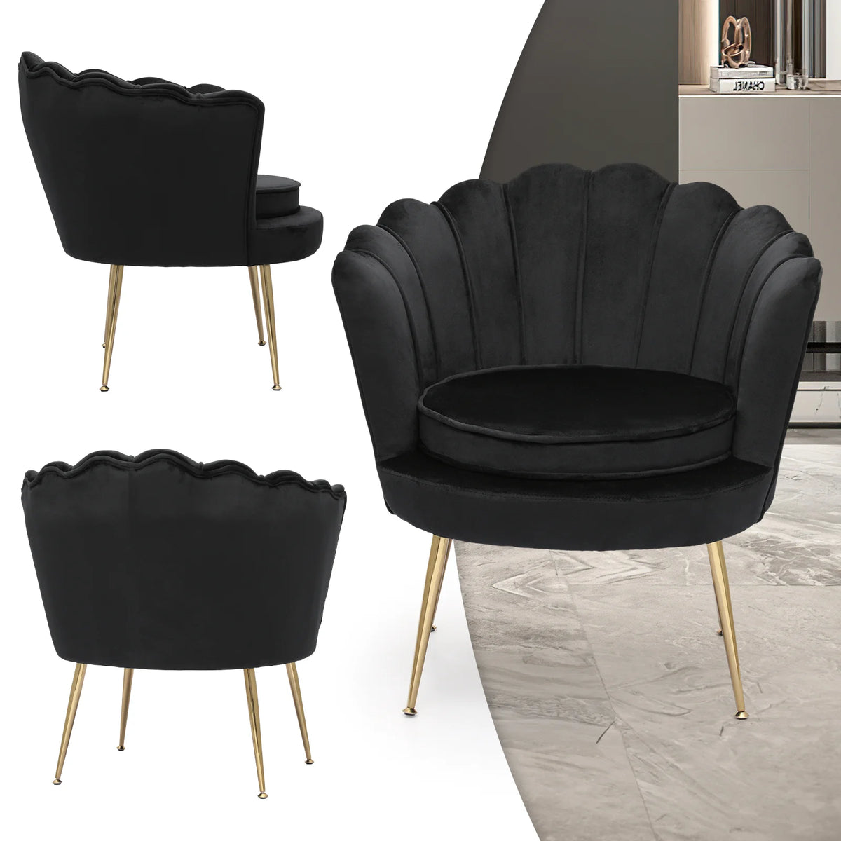 MoNiBloom Set of 2 Velvet Tufted Accent Chair with Pillow and Stool, Upholstered Modern Single Sofa Side Chair with Padded Seat and Golden Metal Legs, Living Room Armchair, Black