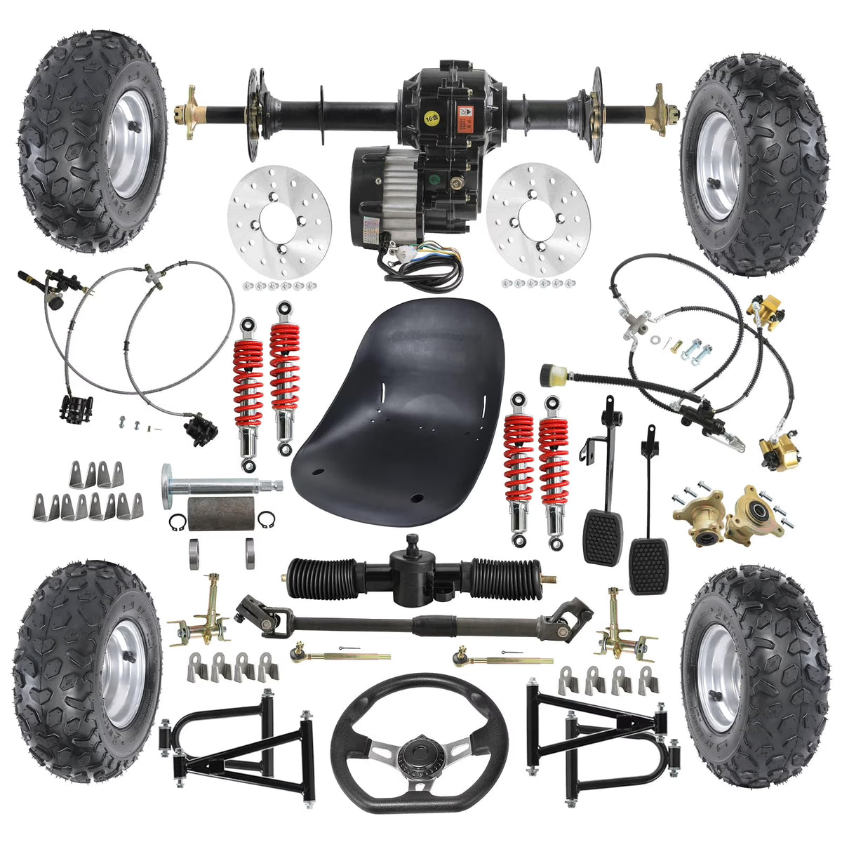 Complete 30" Rear Axle Kit & 6" Wheels & 48V 1000W Motor Differential Kit & Go Cart Seat & Steering Assembly Front Swingarm For Electric Vehicles Go Kart Drift Trike ATV Quad Golf Cart Buggy