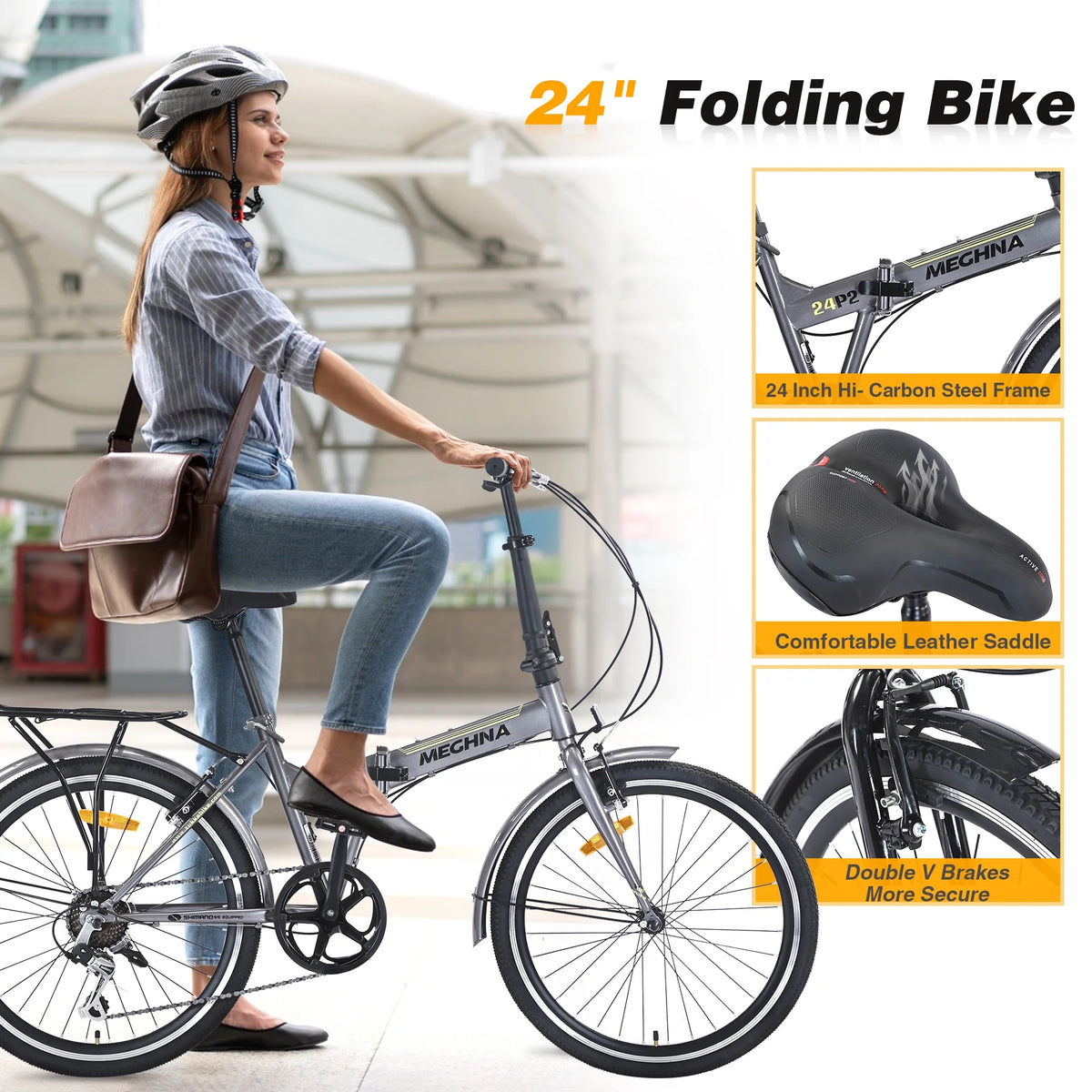 Meghna 24 inch Folding Bike 7 Speed V Brake City Commuter for Men Women Daily Commuting Black