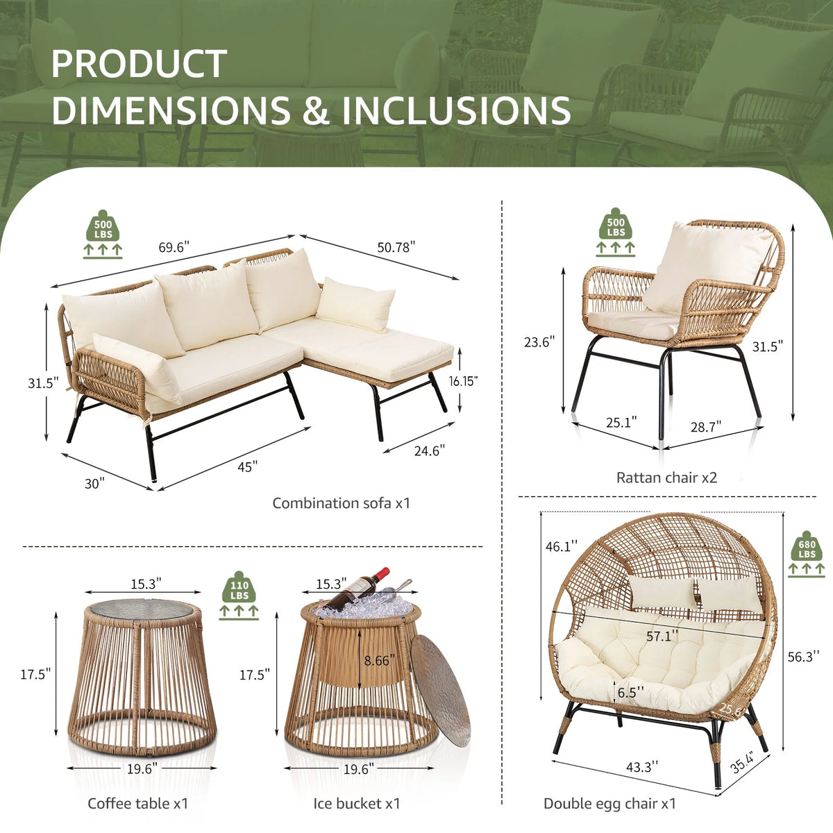 RADIATA 6-Piece Boho Patio Furniture Set, Outdoor Wicker Sectional Sofa Conversation Set with Ice Bucket & Coffee Table, 500lbs Capacity, Beige