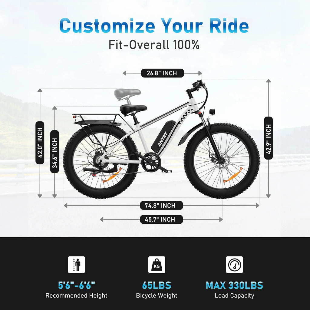 AMYET EB26 Electric Bike for Adults, 26*4.0 Fat Tire E-Mountain Bicycle,Peak 1500W Motor 48V 15Ah 7-Speed Ebike UL2849