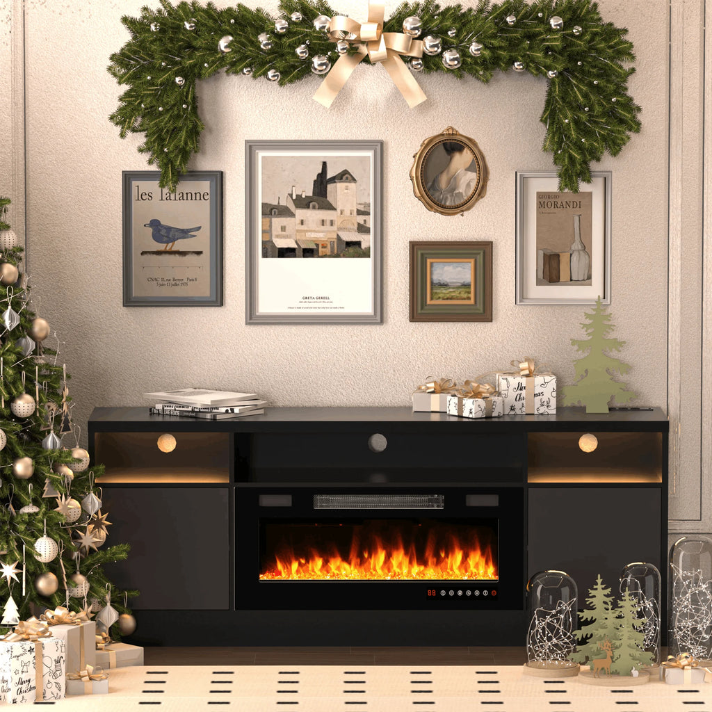 BREEZEHEAT Electric Fireplace TV Stand-70 inch TV Stand with 36" Electric Fireplace-Living Room Tv Cabinet with Storage for TVs Up to 80"-Led Entertainment Center Modern Media Console (Black)