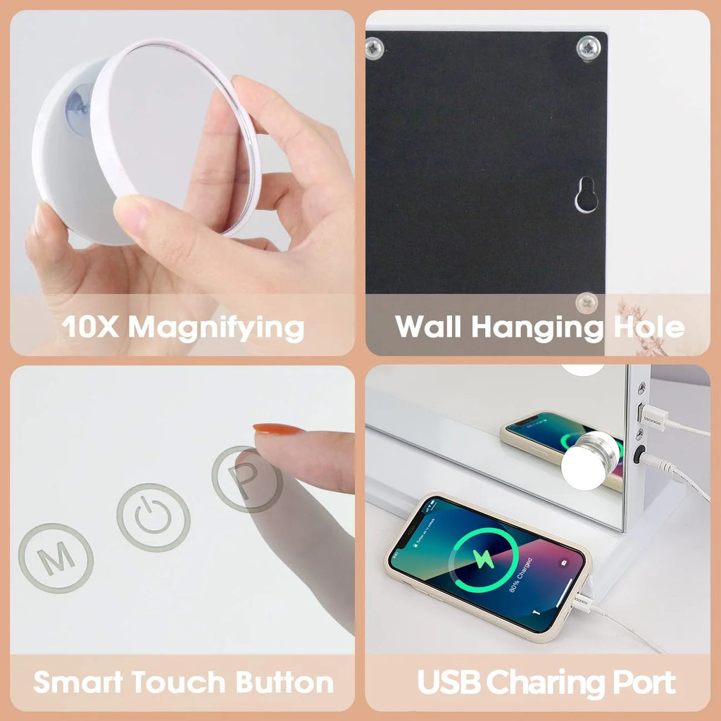 Fenchilin 32"x23" Vanity Mirror with Lights USB Charging Tabletop Wall Mount Metal White