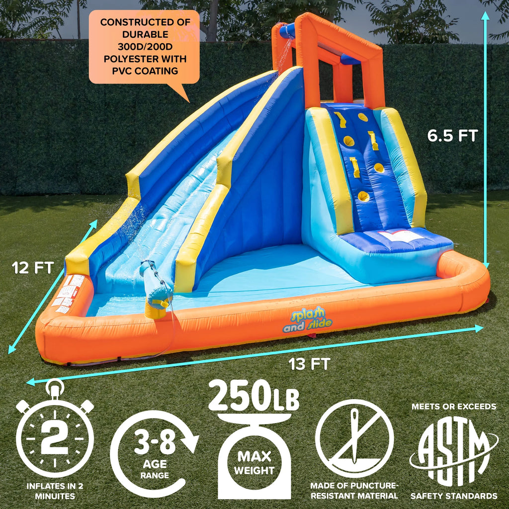 Sportspower Big Wave II Inflatable Water Slide with Climbing Wall & Splash Pool, Ages 3-8, Heavy Duty, ASTM Certified, Lifetime Warranty on Included Blower