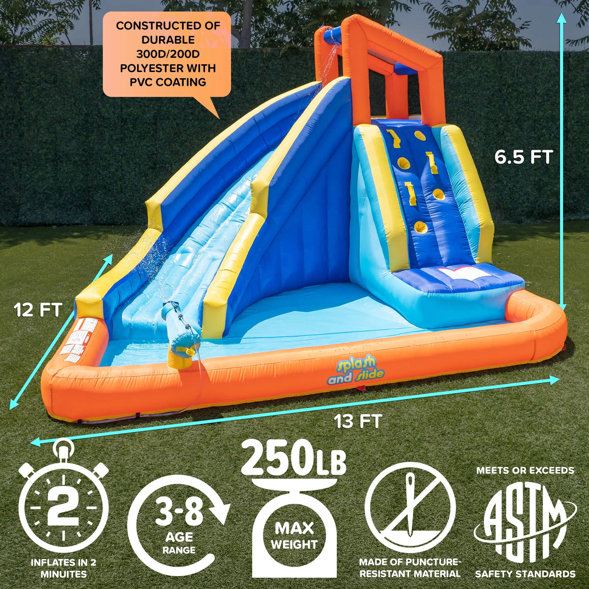 Sportspower Big Wave II Inflatable Water Slide with Climbing Wall & Splash Pool, Ages 3-8, Heavy Duty, ASTM Certified, Lifetime Warranty on Included Blower
