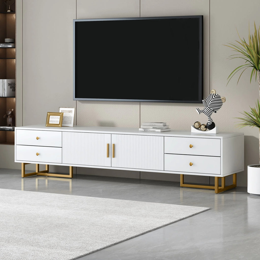 DEALTOPS Stylish TV Stand with 4 Drawers, Spacious Media Console with Metal Legs for TVs Up to 75'', Black