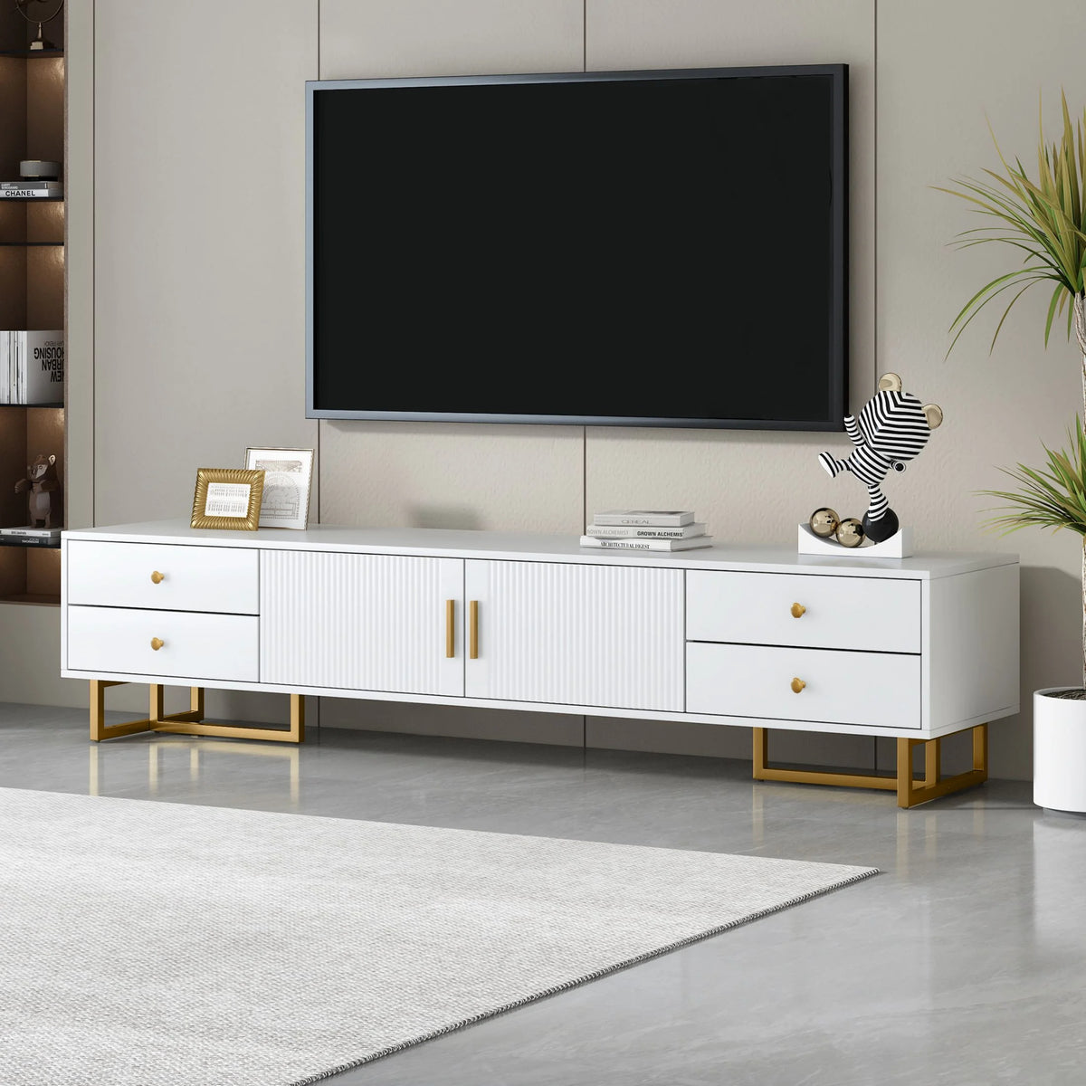 DEALTOPS Stylish TV Stand with 4 Drawers, Spacious Media Console with Metal Legs for TVs Up to 75'', Black