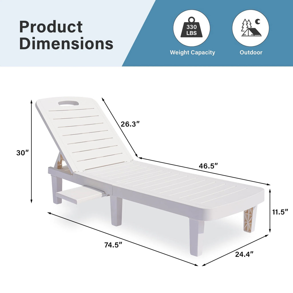 Patio Lounge Chair Set of 2, Adjustable Chaise with Side Table, Outdoor Lounger Recliner for Poolside, Patio, Backyard, Wood Texture Design | Waterproof | Easy to Assemble | Max Weight 330 lbs White