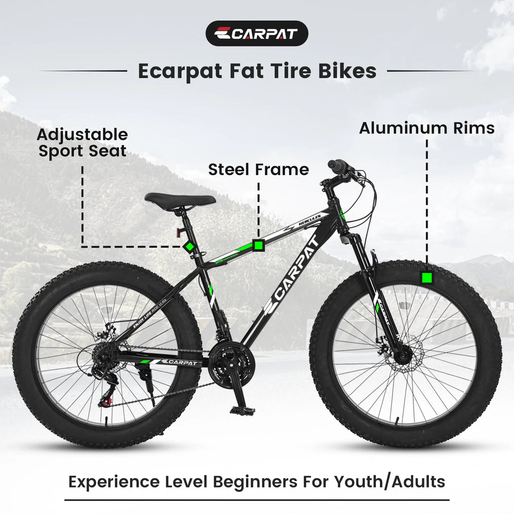 Ambifirner 26 inch City Bike Fat Tire Mountain Bike - Full Shimano 21 Speed - Dual Disc Brake - High-Carbon Steel Frame - Front Suspension for Gift