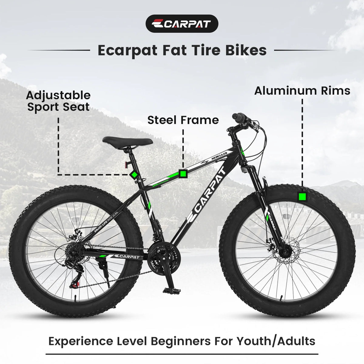 Ambifirner 26 inch City Bike Fat Tire Mountain Bike - Full Shimano 21 Speed - Dual Disc Brake - High-Carbon Steel Frame - Front Suspension for Gift
