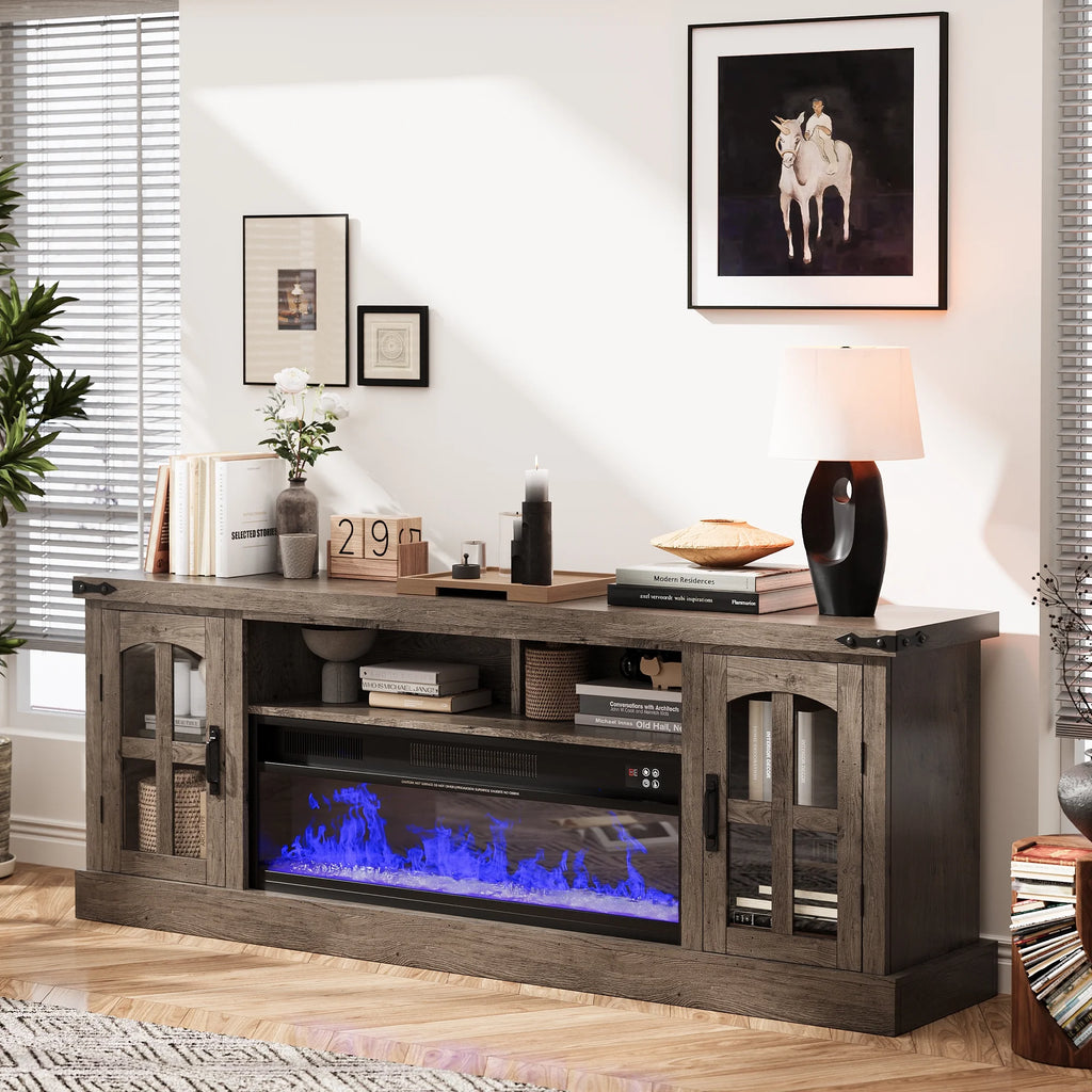 Planntonneo Mid-Century Modern Fluted TV Stand Wooden Media Console Entertainment Center for Living Room, Walnut Color