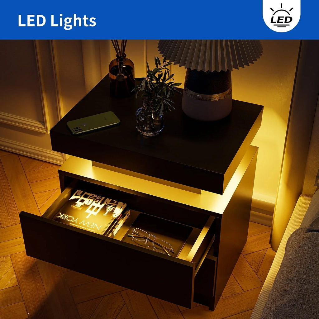 LED Nightstand Set of 2, Modern Bedside Table with 2 Drawers Storage Space, Adjustable Colors LED Light, Black