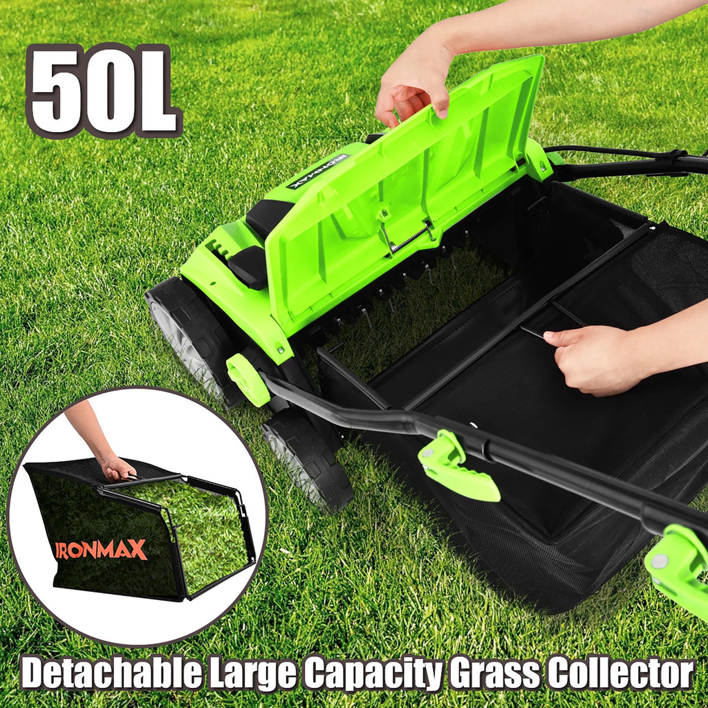 IronMax 13Amp Corded Scarifier 15" Electric Lawn Dethatcher w/50L Collection Bag Orange