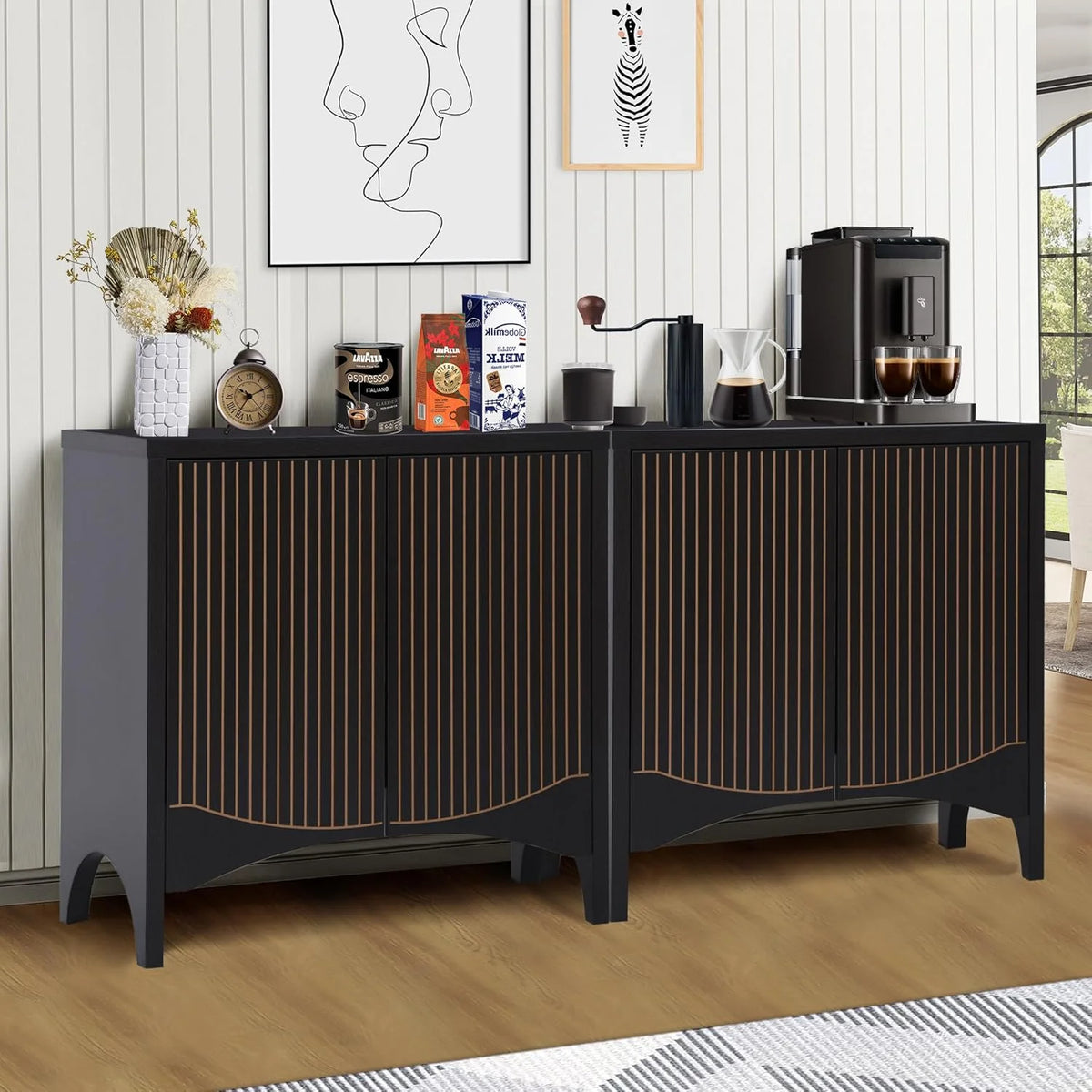 LEFHDA 2PCS Buffet Cabinet, Sideboard Cabinet with Storage, Accent Storage Cabinet with Carved Arc Door Design for Kitchen Dining Room, 2 Doors Buffet Cabinet with Adjustable Shelves