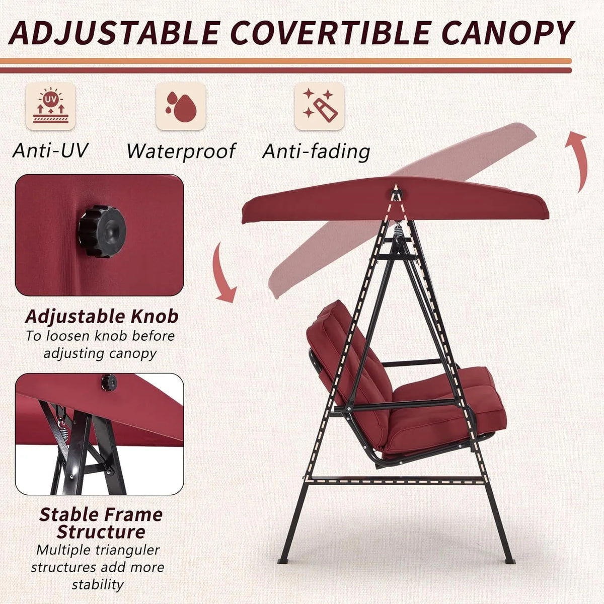 AECOJOY 2 Persons Outdoor Patio Canopy Steel Porch Swing Chair-Beige
