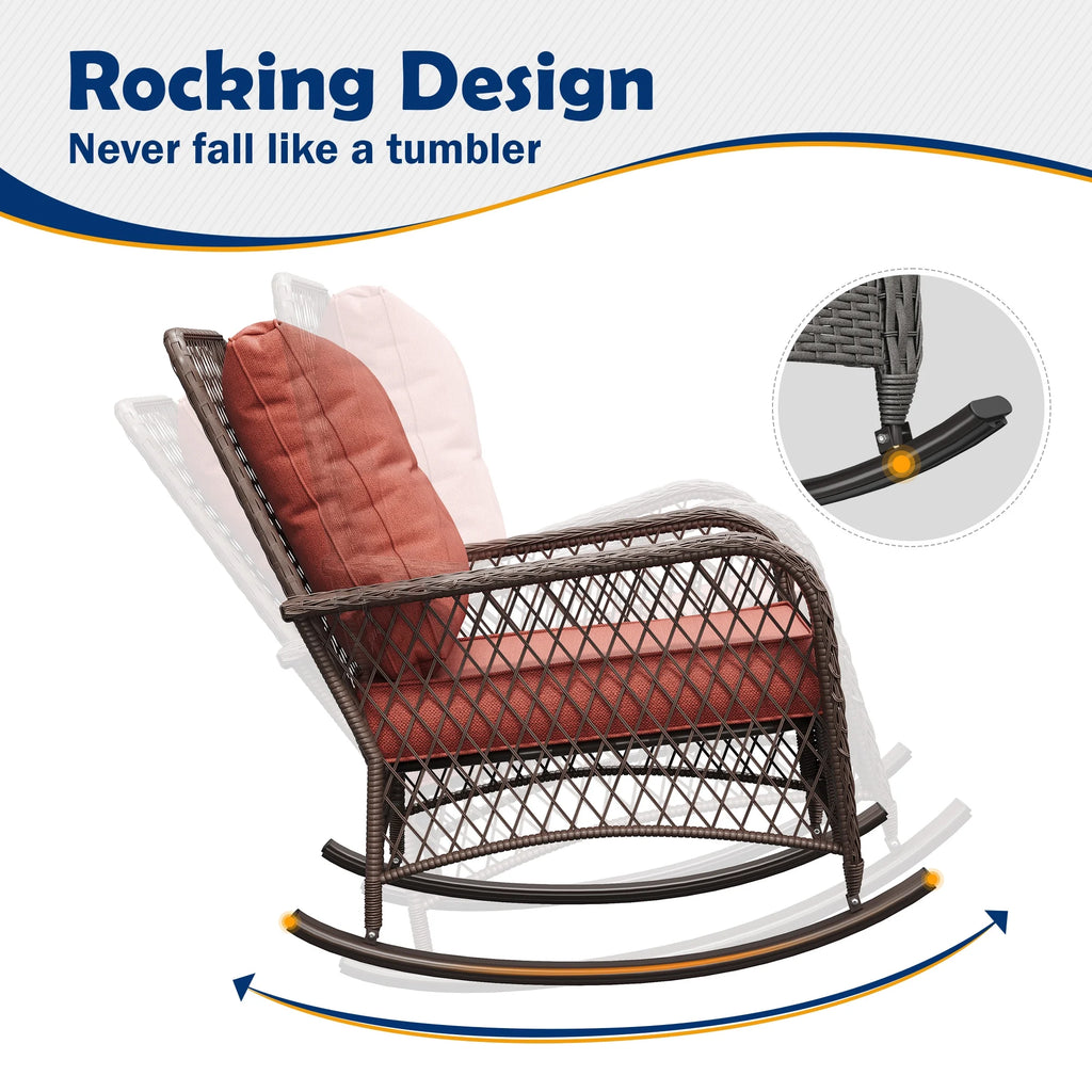 ELPOSUN 3-Piece Outdoor Rocking Chairs, Wicker Patio Furniture with Thickened Cushions and Table for Porch