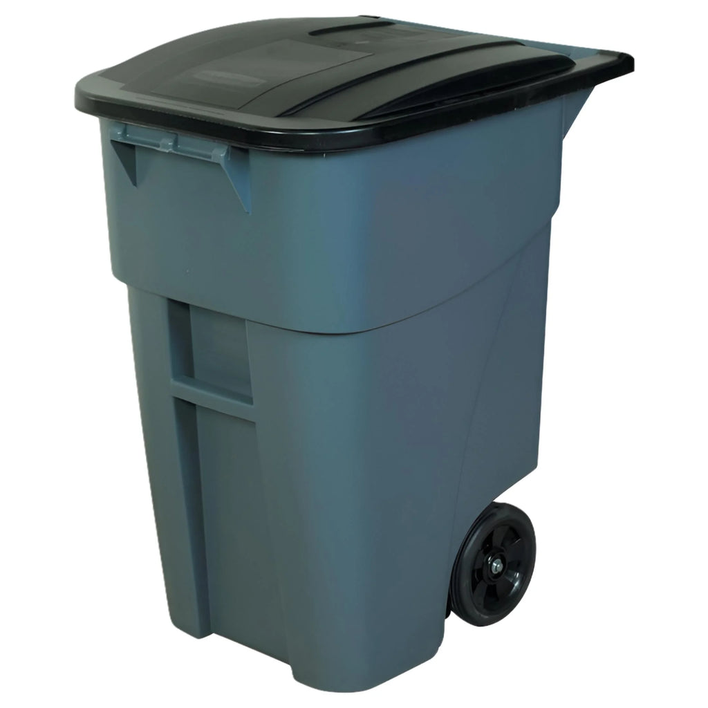 Rubbermaid Commercial Products BRUTE Roll-Out Trash Can with Lid, Square, 50 Gallon, Gray